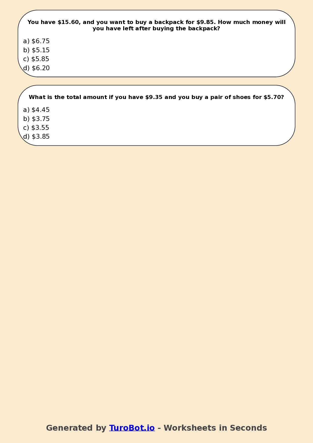 Year 4 Maths Multiple Choice Worksheet – Decimal Money Calculations
