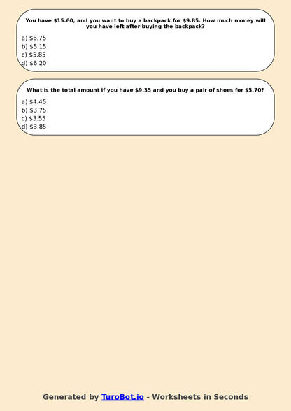 Year 4 Maths Multiple Choice Worksheet – Decimal Money Calculations