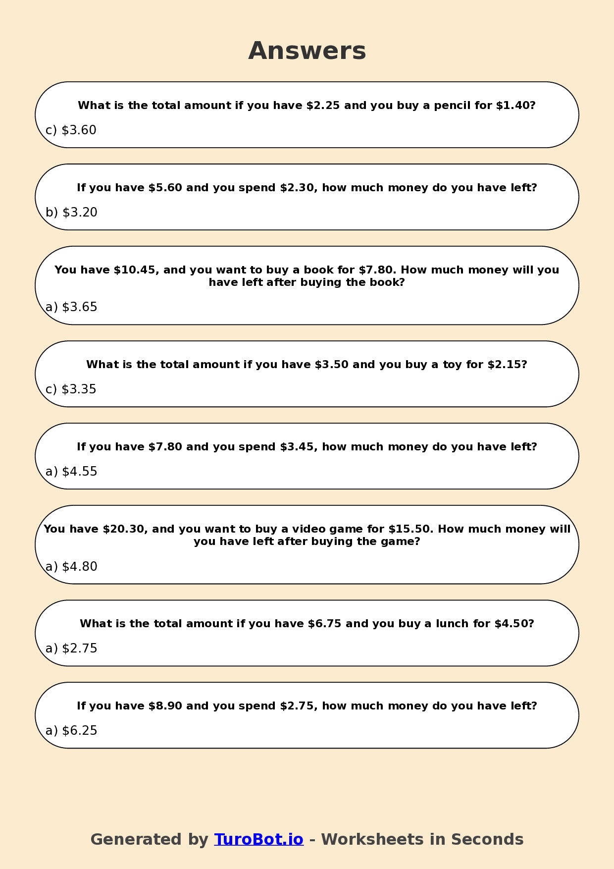 Year 4 Maths Multiple Choice Worksheet – Decimal Money Calculations