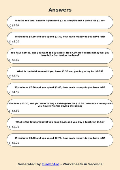 Year 4 Maths Multiple Choice Worksheet – Decimal Money Calculations