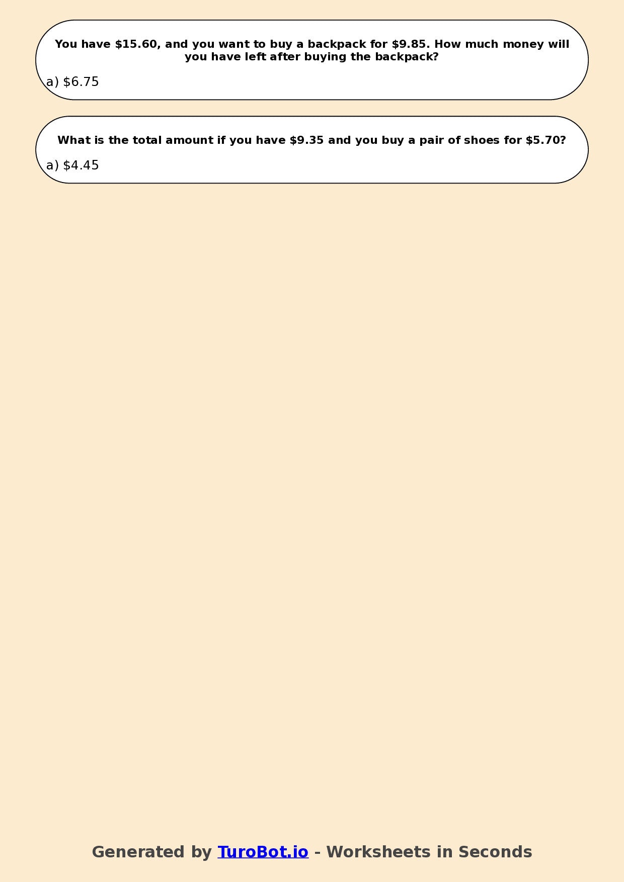 Year 4 Maths Multiple Choice Worksheet – Decimal Money Calculations