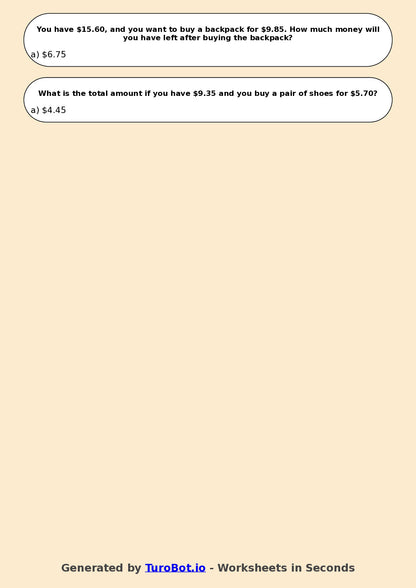 Year 4 Maths Multiple Choice Worksheet – Decimal Money Calculations