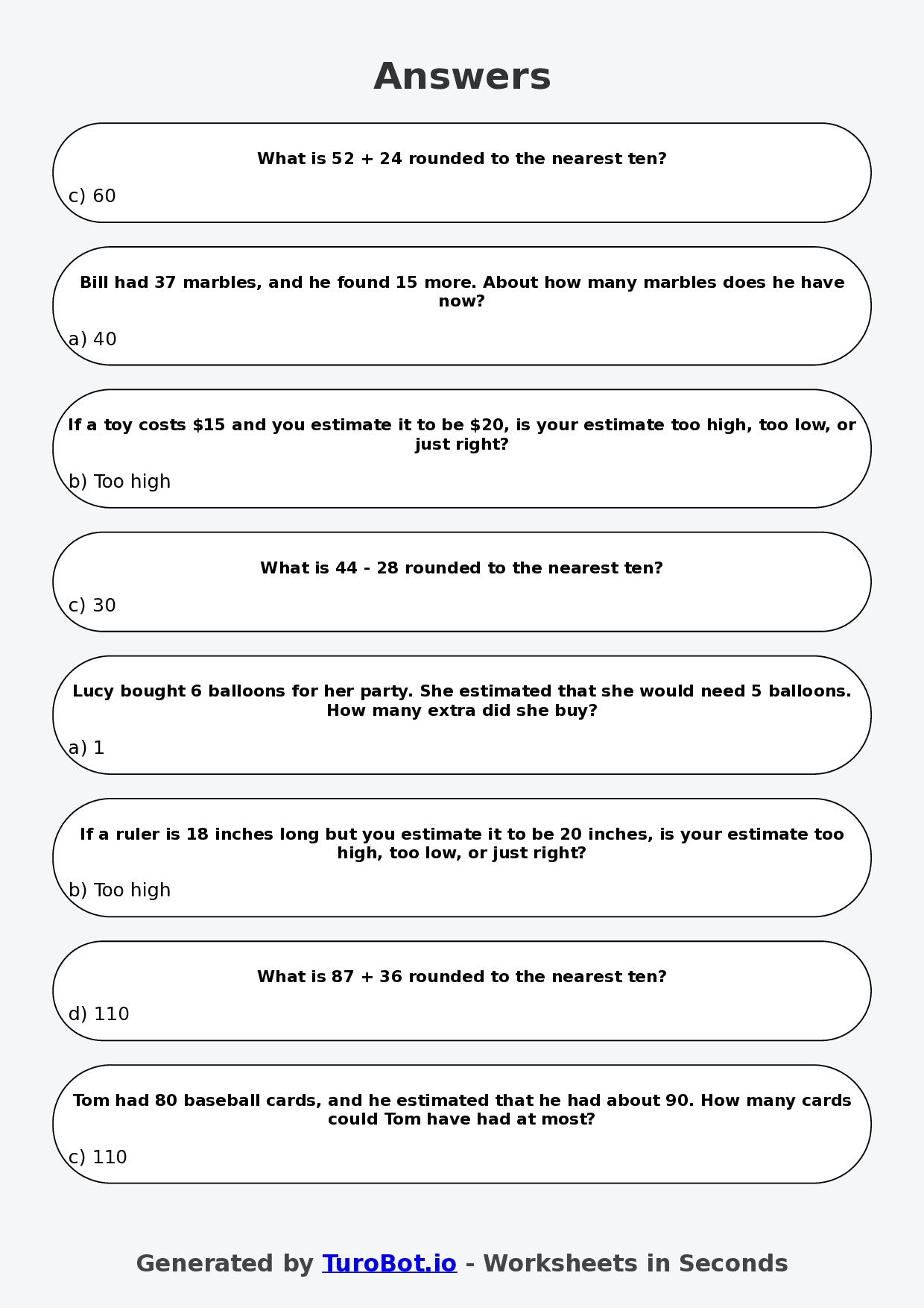 Year 4 Maths Multiple Choice Worksheet – Estimating Answers Reasonably