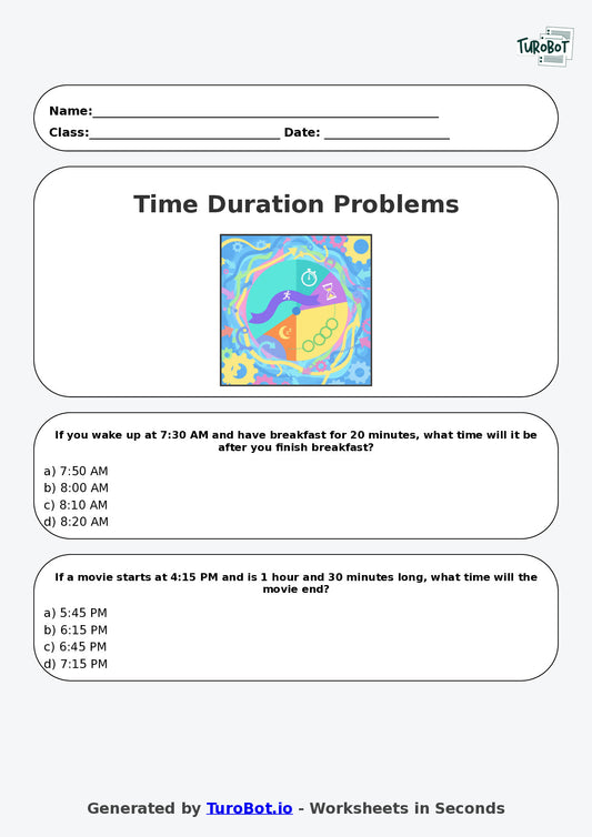 Year 4 Maths Multiple Choice Worksheet – Time Duration Problems