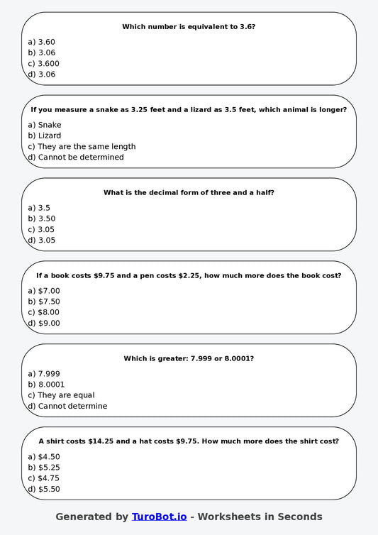 Year 5 Maths Multiple Choice Worksheet – Comparing Decimal Values