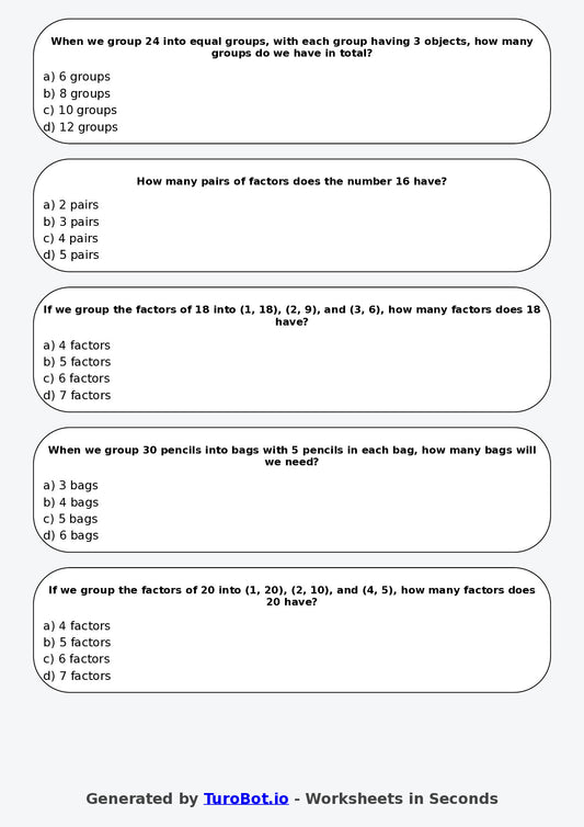 Year 5 Maths Multiple Choice Worksheet – Factors as Groups