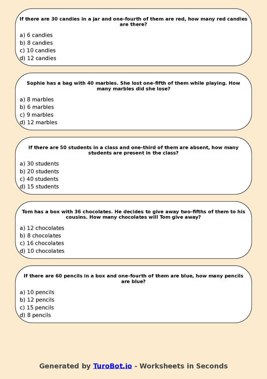 Year 5 Maths Multiple Choice Worksheet – Fractions of Quantities