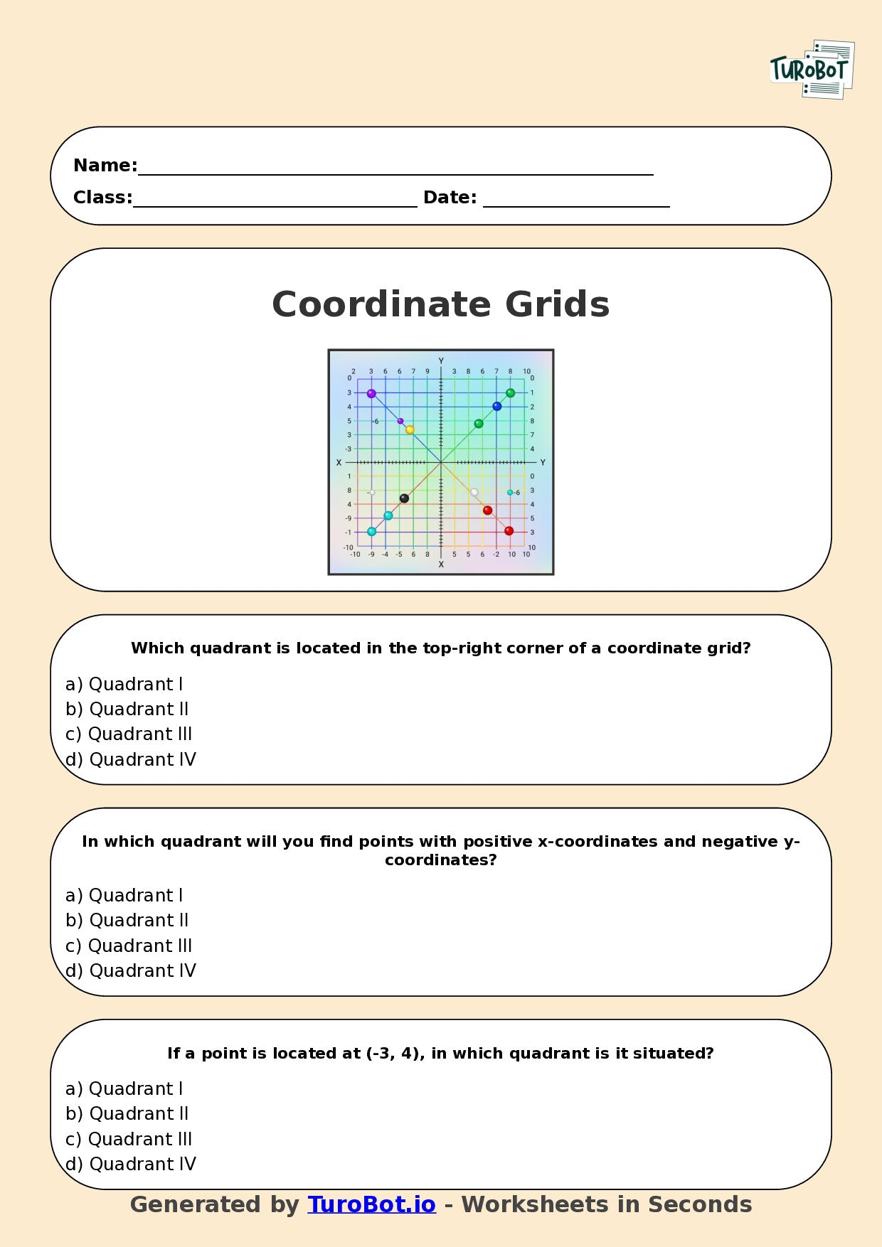 Year 6 Maths Multiple Choice Worksheet – Coordinate Grids in All Quadrants