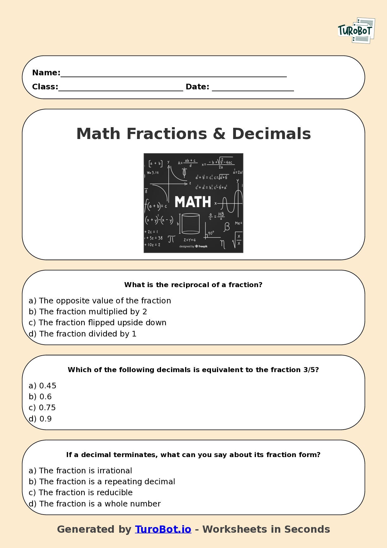 Year 6 Maths Multiple Choice Worksheet – Fractions & Decimals