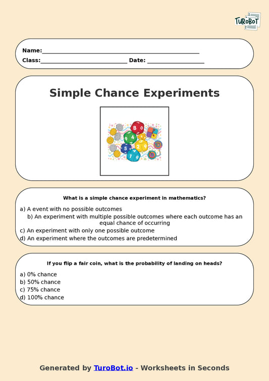 Year 6 Maths Multiple Choice Worksheet – Simple Chance Experiments
