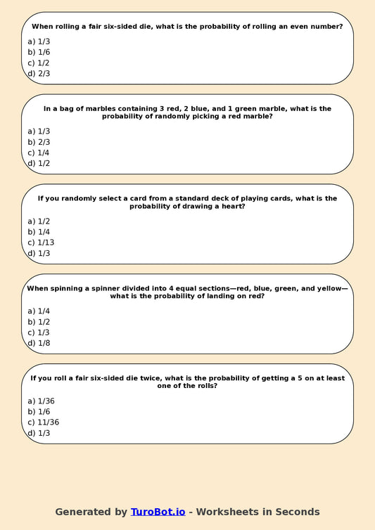 Year 6 Maths Multiple Choice Worksheet – Simple Chance Experiments