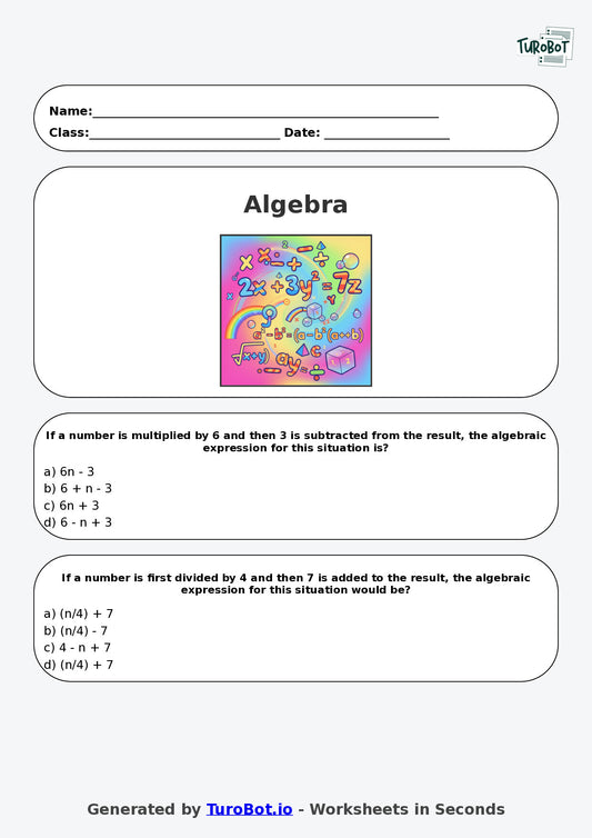Year 7 Maths Multiple Choice Worksheet – Writing Algebra from Word Statements