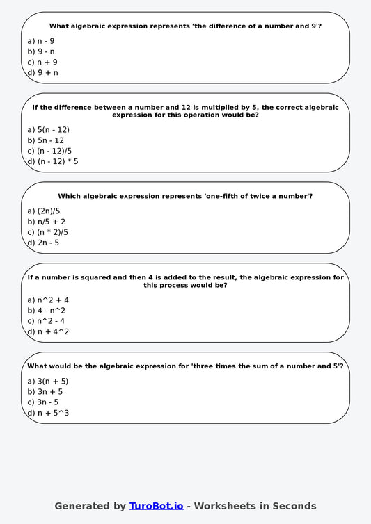 Year 7 Maths Multiple Choice Worksheet – Writing Algebra from Word Statements