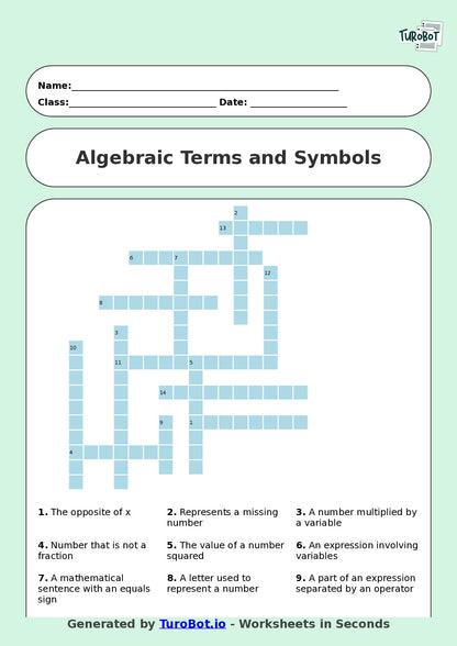 Maths - Year 7 - Crossword - Algebraic Terms and Symbols