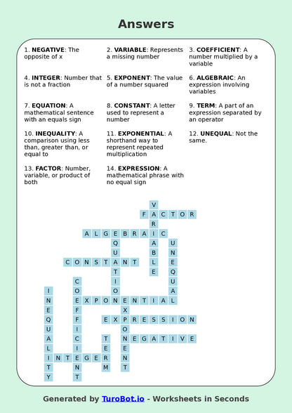 Maths - Year 7 - Crossword - Algebraic Terms and Symbols