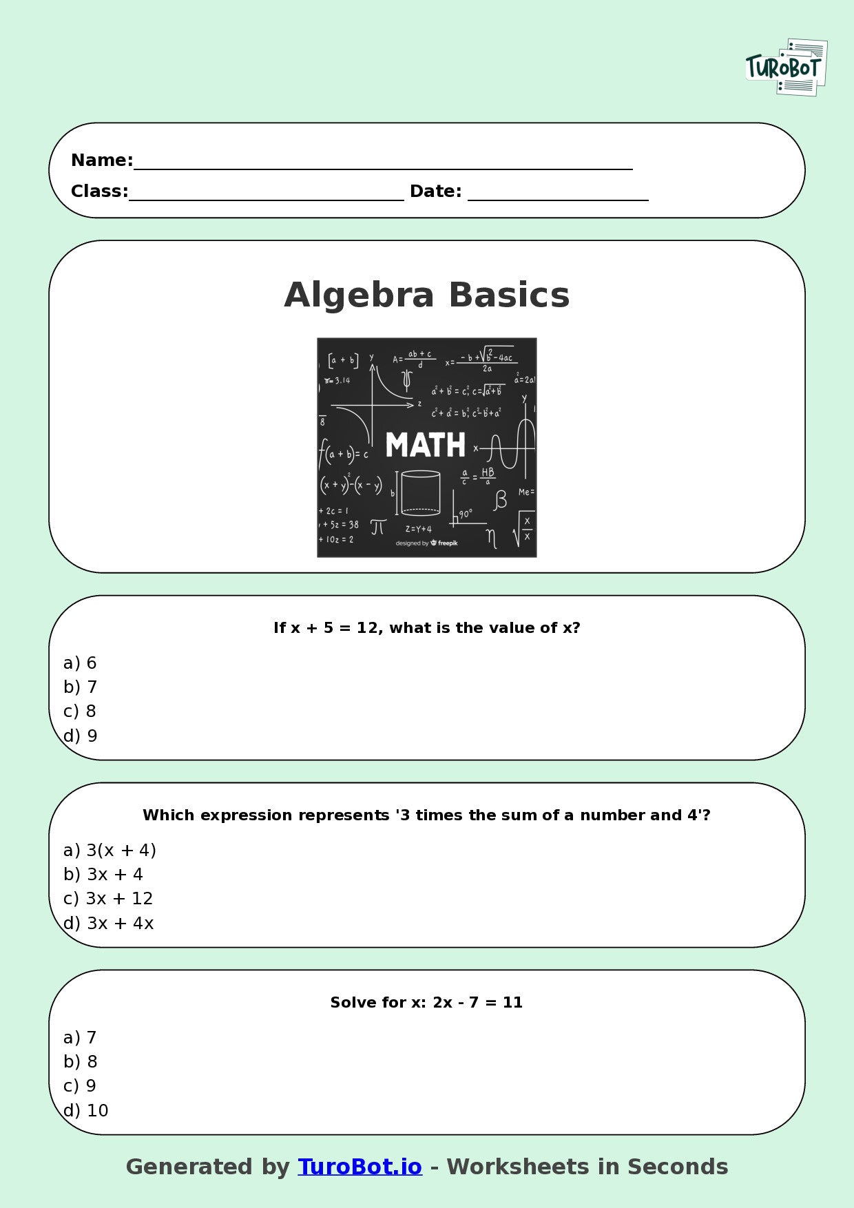 Year 7 Maths Multiple Choice Worksheet – Algebra Basics