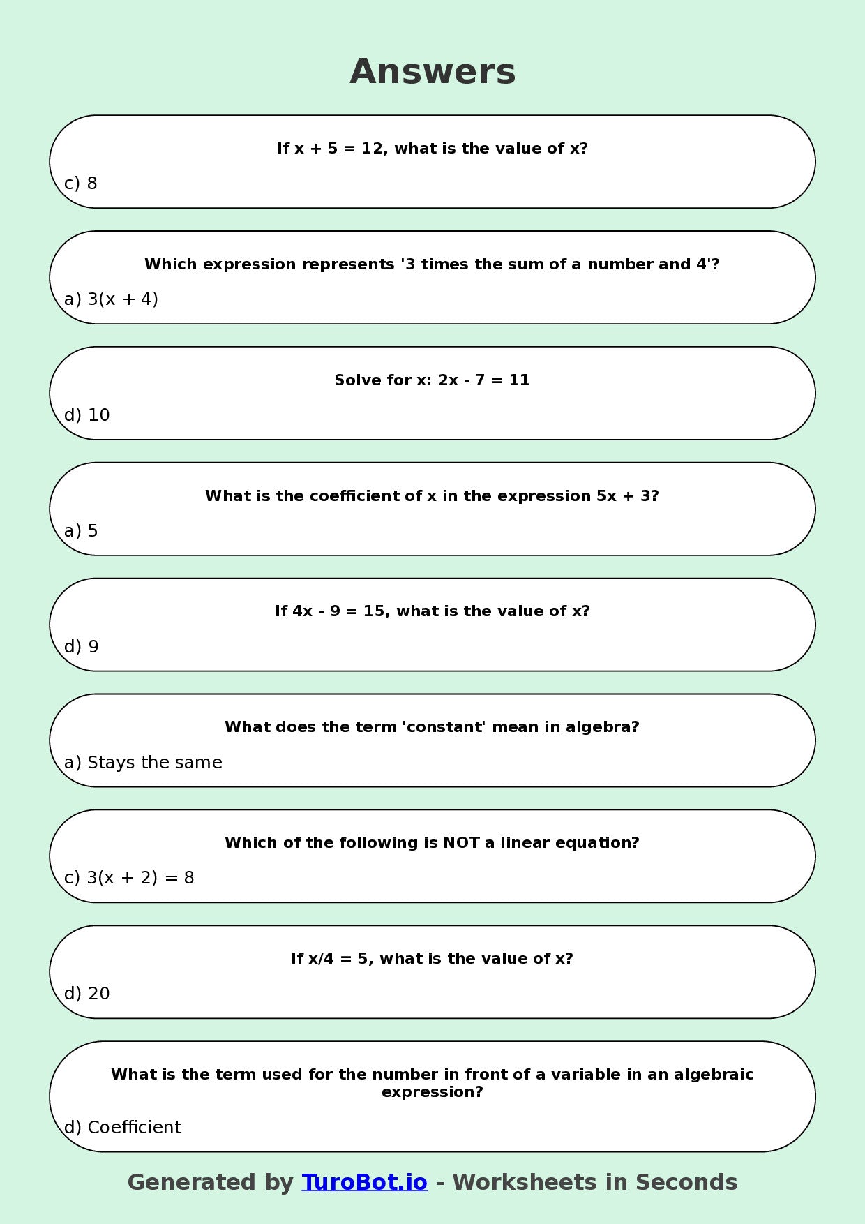 Year 7 Maths Multiple Choice Worksheet – Algebra Basics
