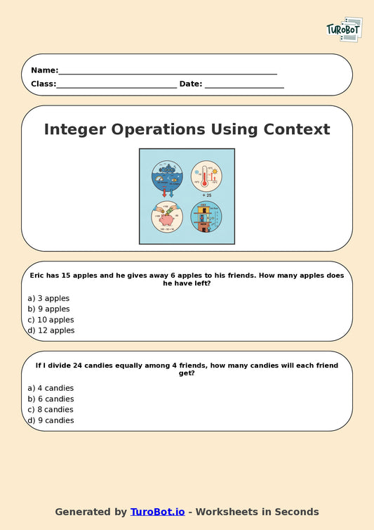 Year 7 Maths Multiple Choice Worksheet – Integer Operations Using Context