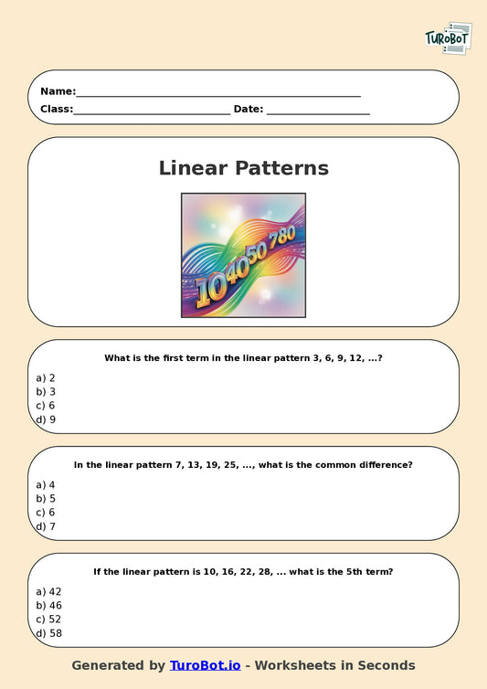 Year 7 Maths Multiple Choice Worksheet – Introduction to Linear Patterns