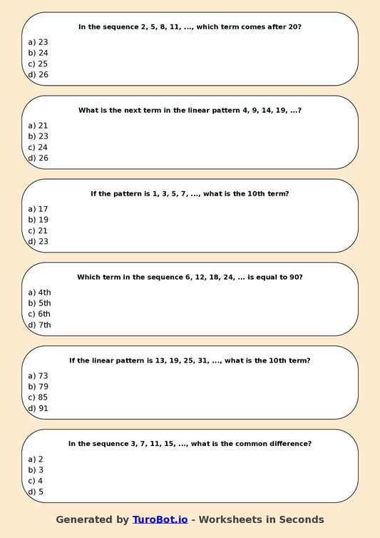 Year 7 Maths Multiple Choice Worksheet – Introduction to Linear Patterns