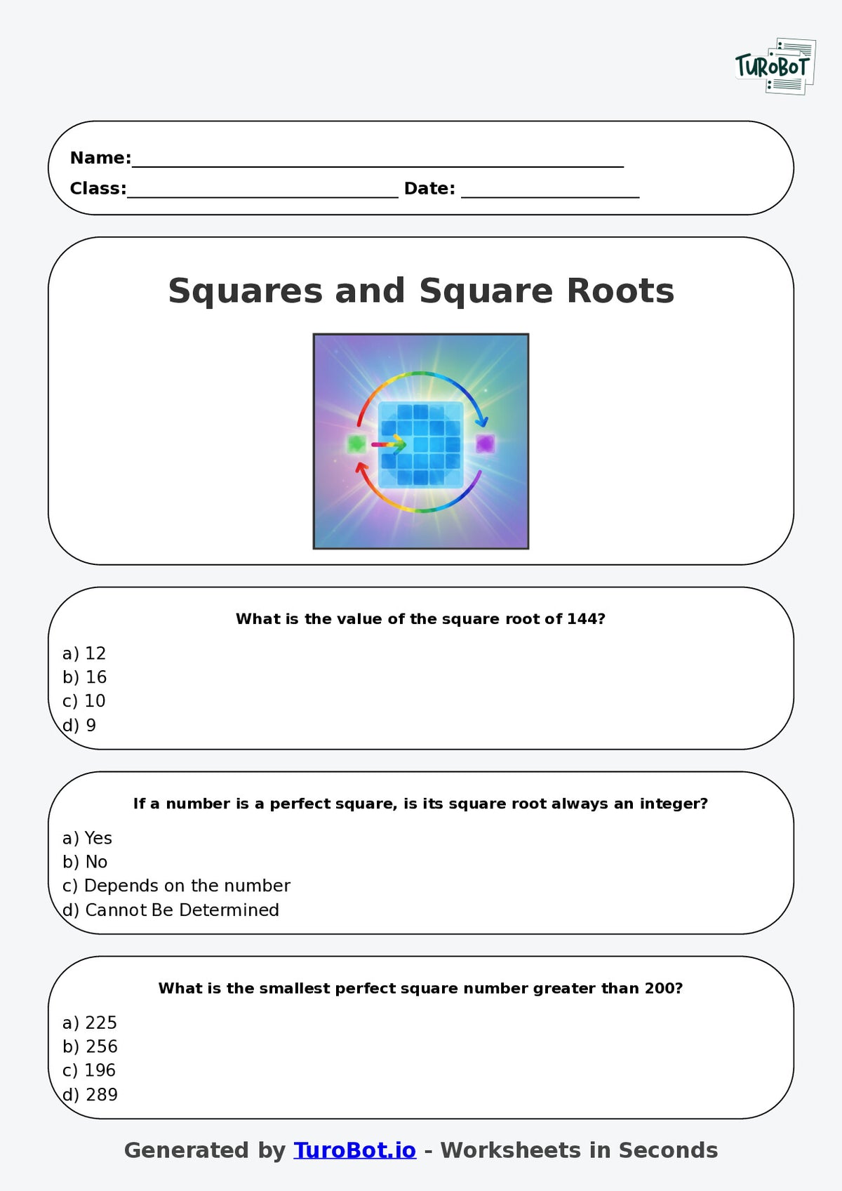 Multiple Choice Square Image Year 7 Maths Multiple Choice Worksheet – Squares and Square Roots Conc ...