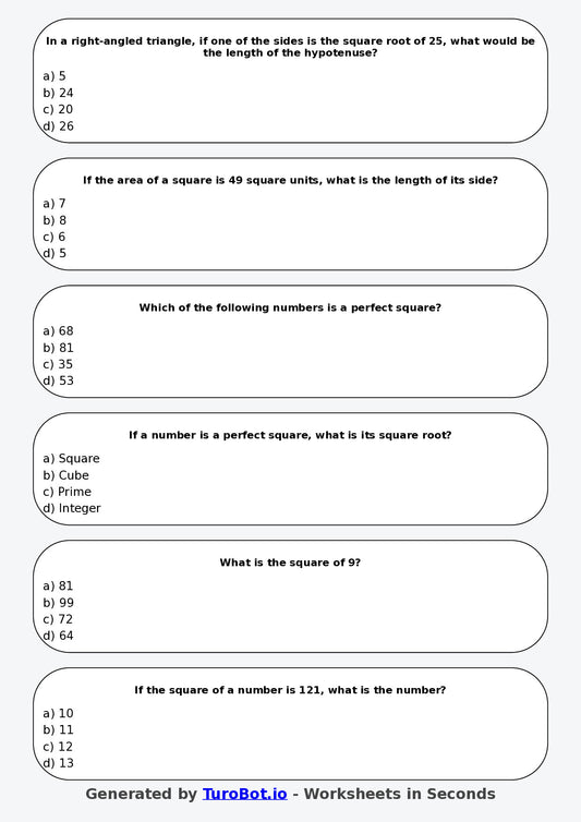 Year 7 Maths Multiple Choice Worksheet – Squares and Square Roots Concepts