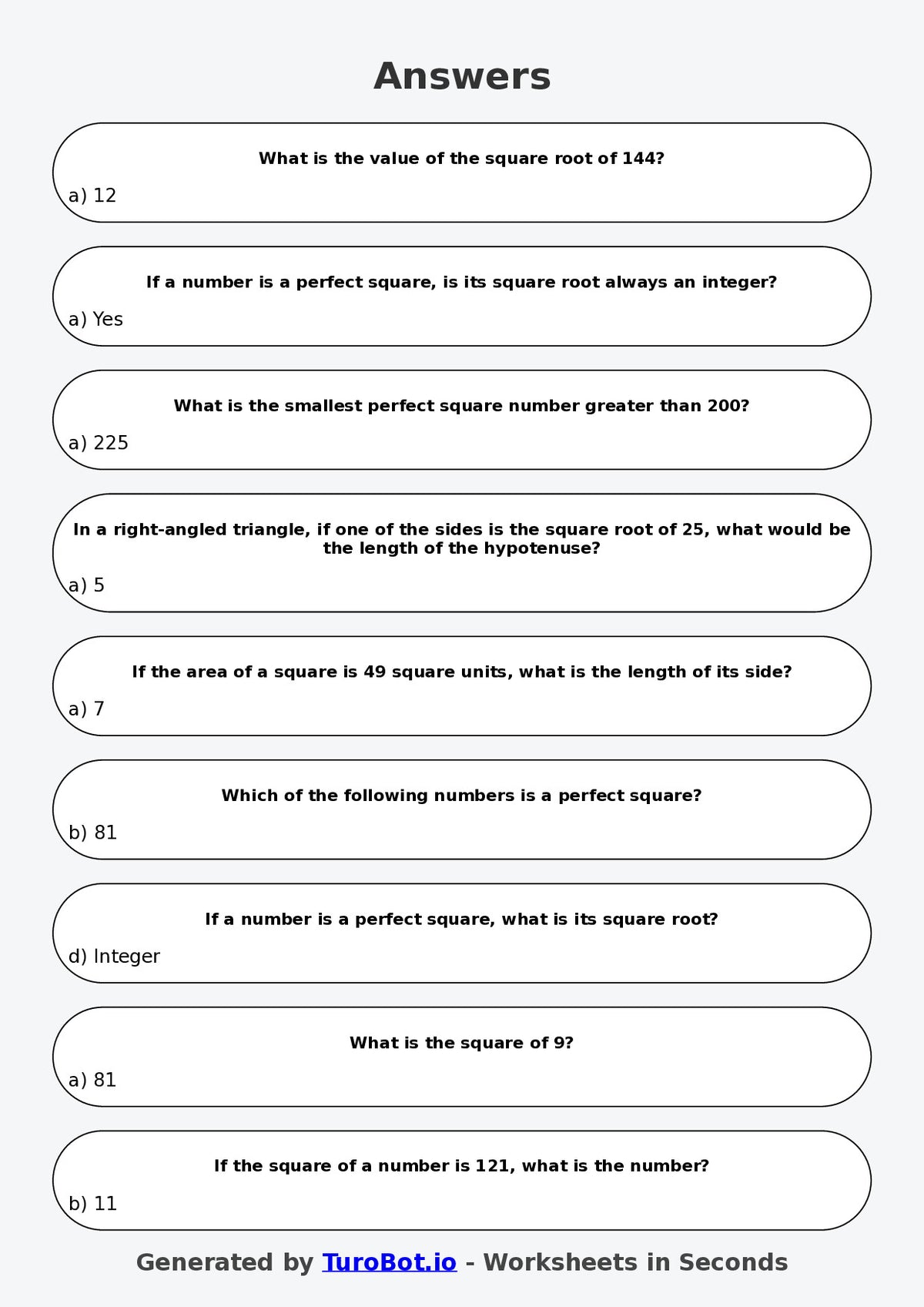 Multiple Choice Square Image Year 7 Maths Multiple Choice Worksheet – Squares and Square Roots Conc ...