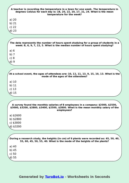 Year 8 Maths Multiple Choice Worksheet – Mean Median and Mode in Context