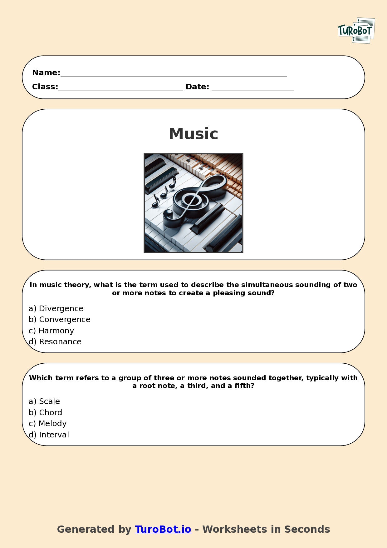 Year 10 Music Multiple Choice Worksheet – Harmony and Chords Basics