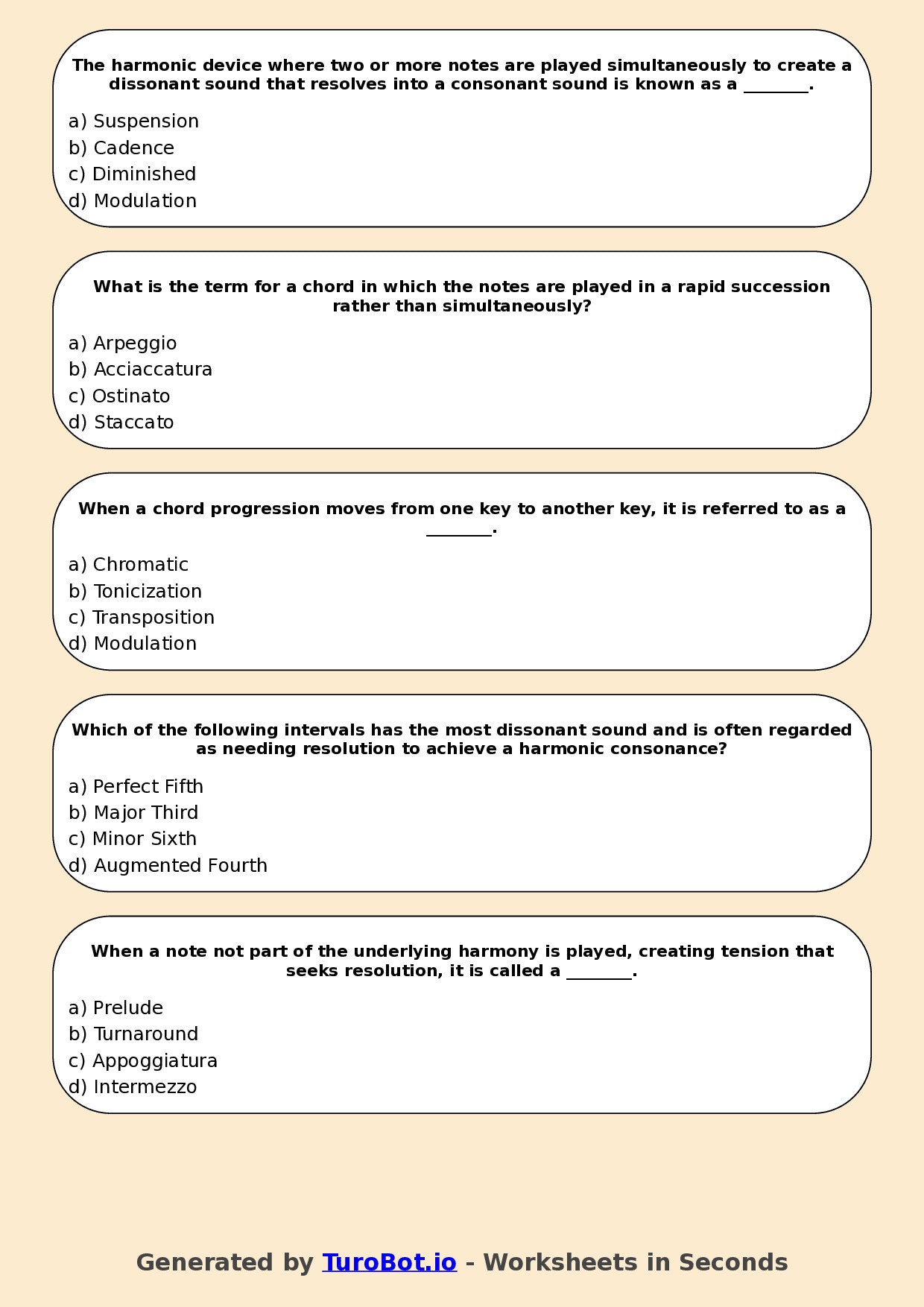 Year 10 Music Multiple Choice Worksheet – Harmony and Chords Basics
