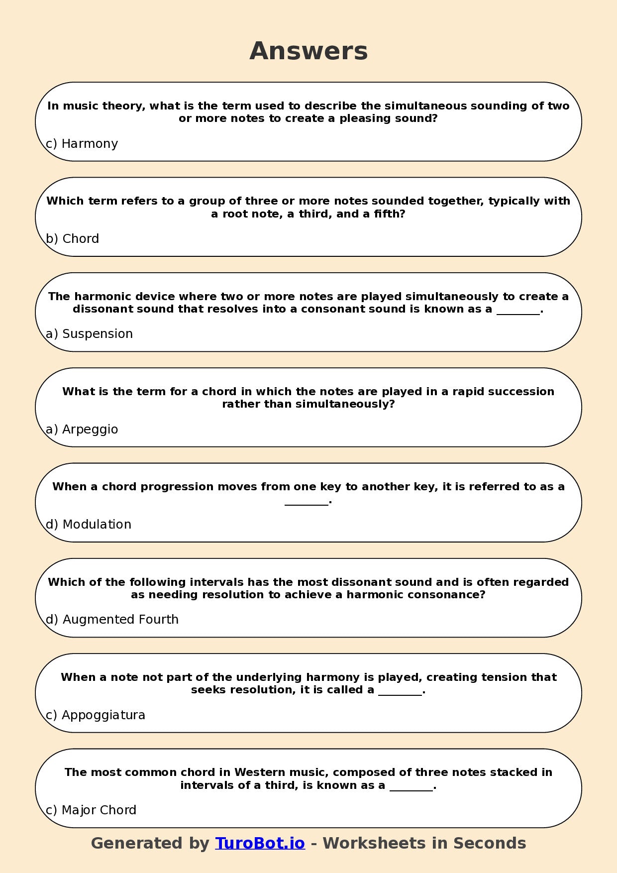 Year 10 Music Multiple Choice Worksheet – Harmony and Chords Basics