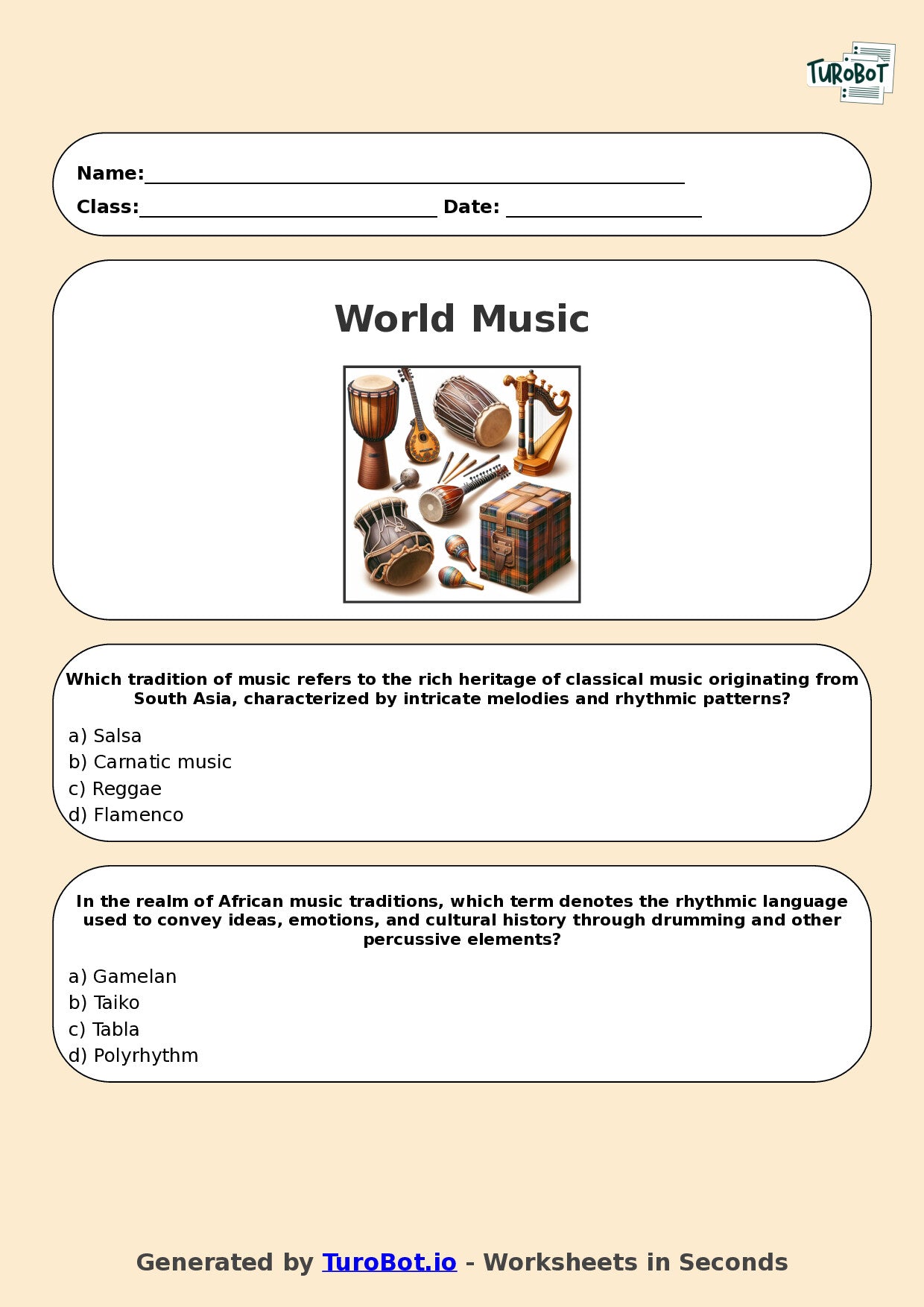 Year 12 Music Multiple Choice Worksheet – World Music Traditions