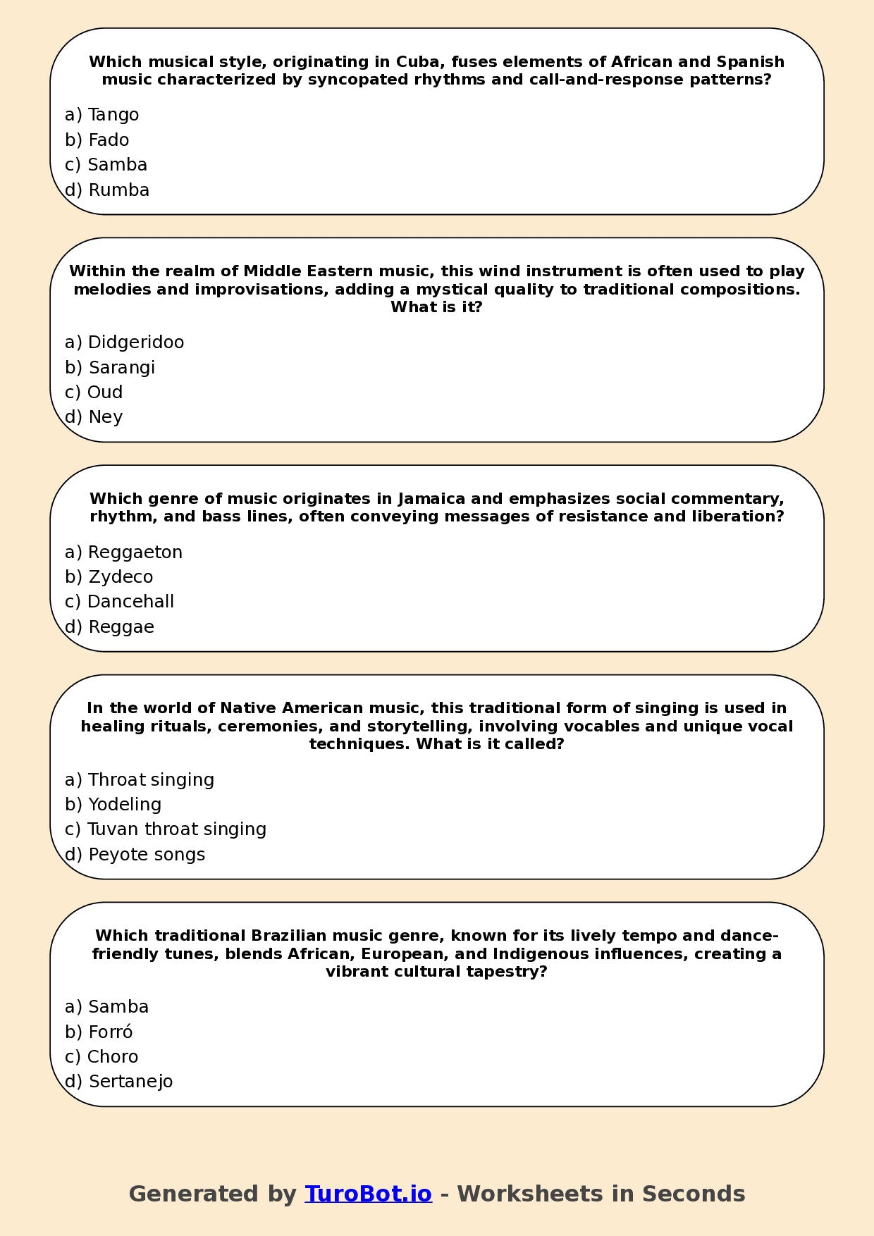 Year 12 Music Multiple Choice Worksheet – World Music Traditions