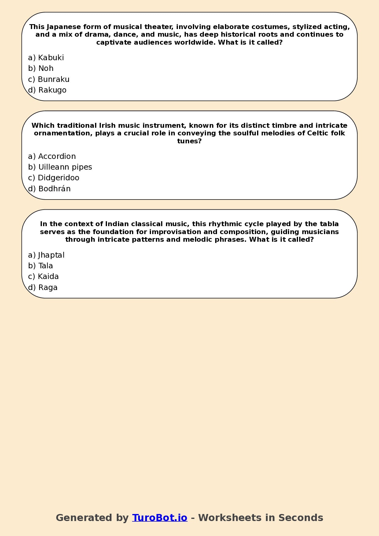Year 12 Music Multiple Choice Worksheet – World Music Traditions