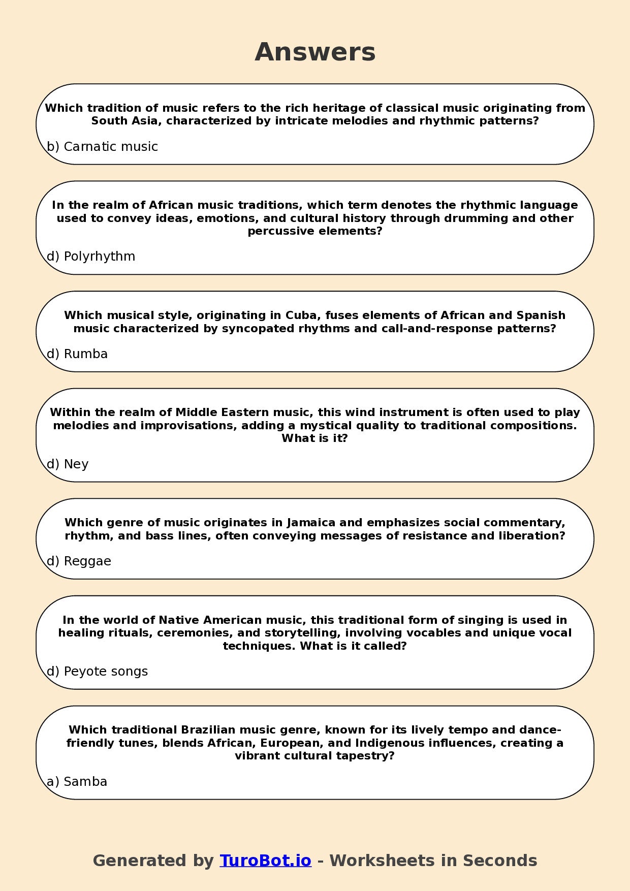 Year 12 Music Multiple Choice Worksheet – World Music Traditions