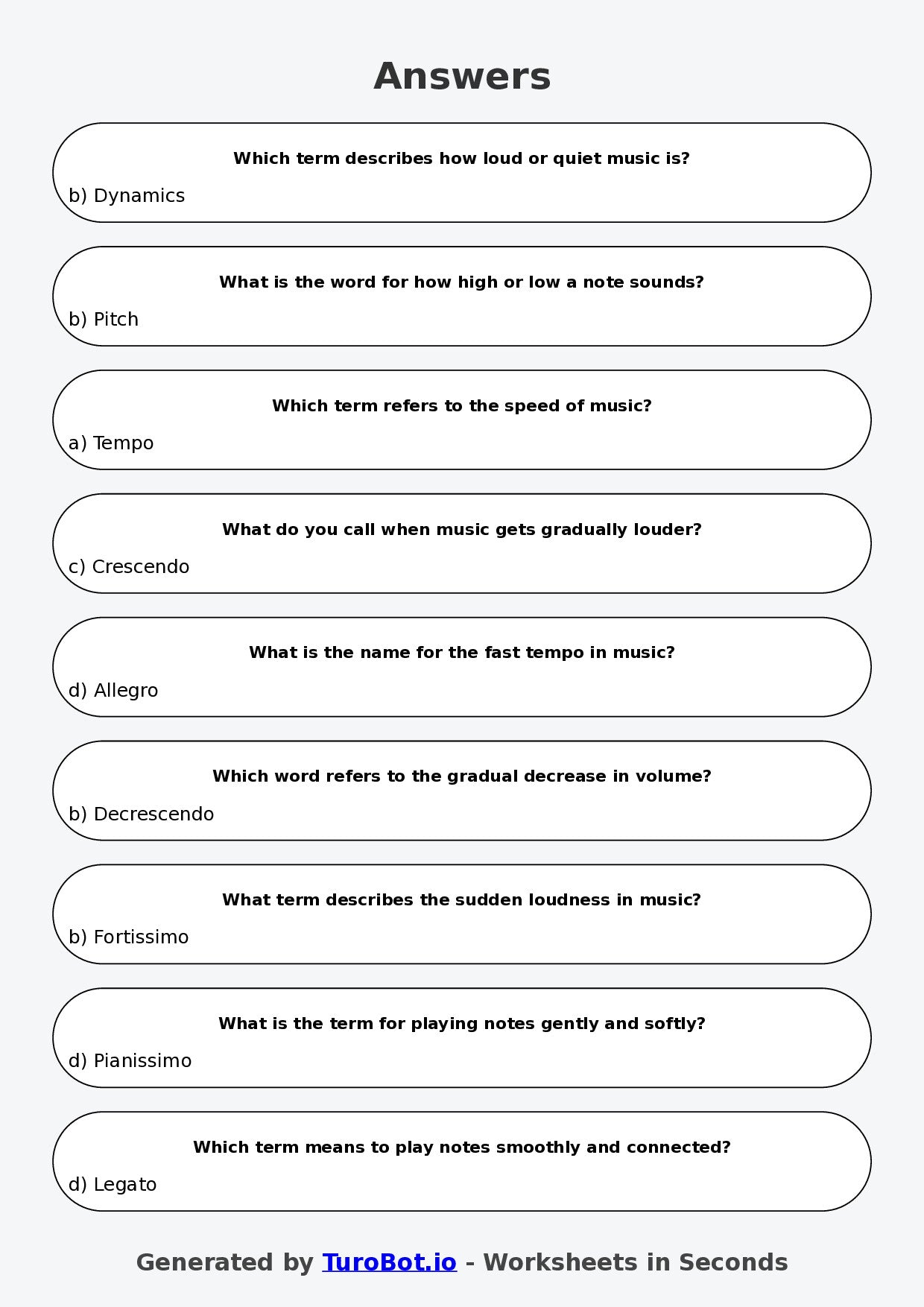 Year 5 Music Multiple Choice Worksheet – Tempo, Pitch, and Dynamics