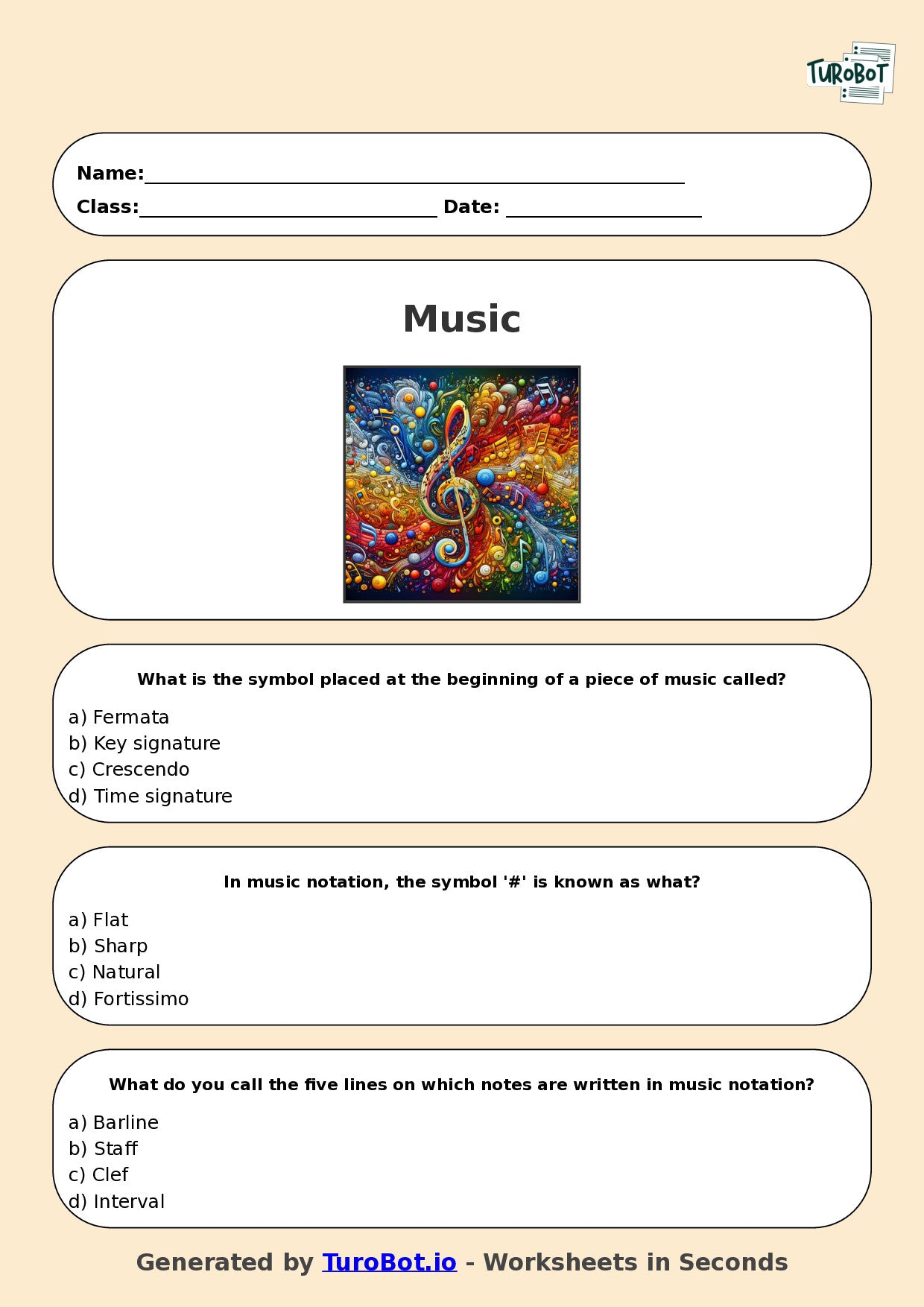 Year 6 Music Multiple Choice Worksheet – Reading Simple Music Notation