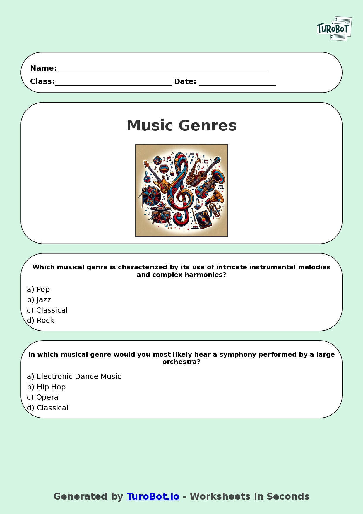 Year 7 Music Multiple Choice Worksheet – Musical Genres
