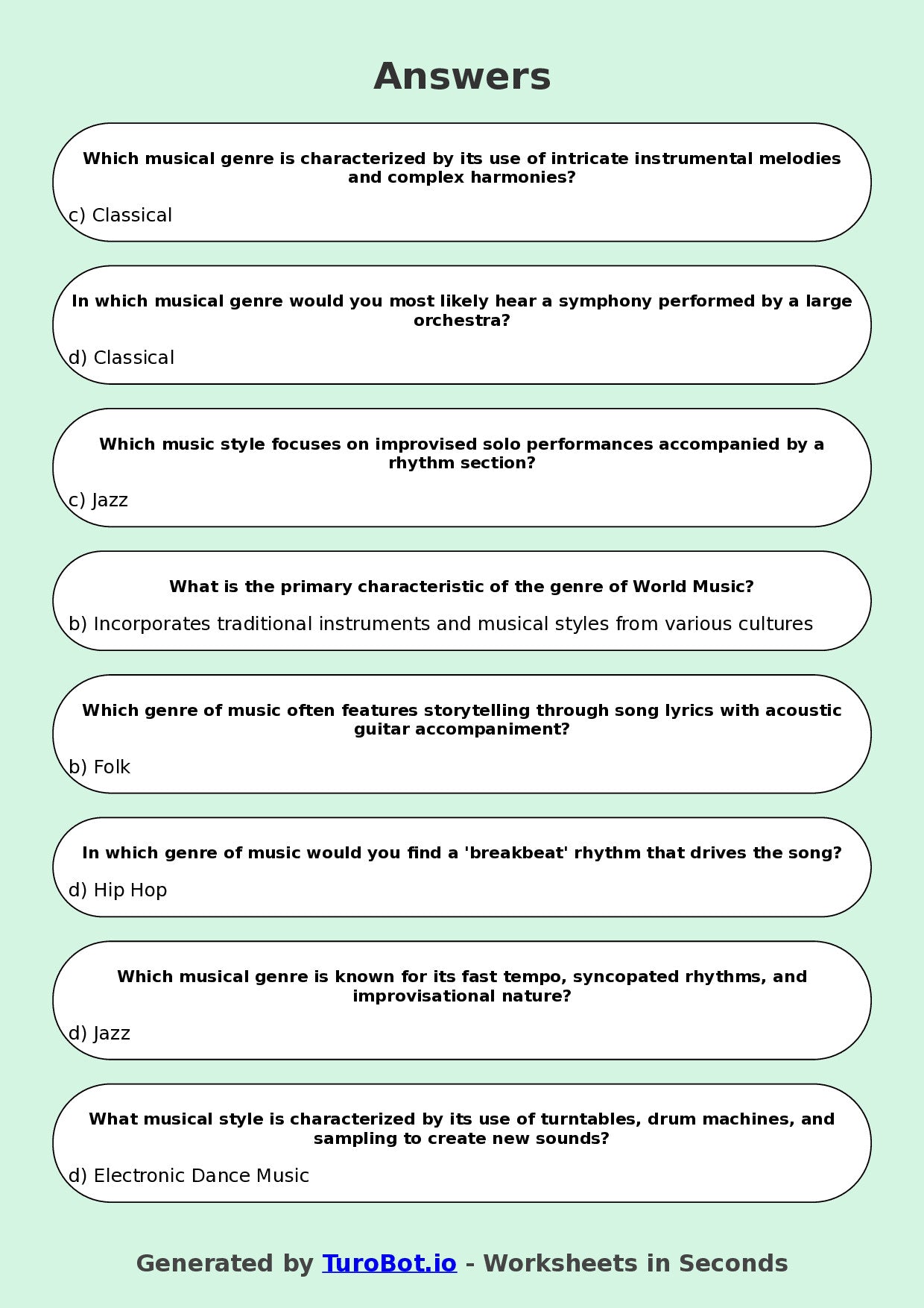 Year 7 Music Multiple Choice Worksheet – Musical Genres