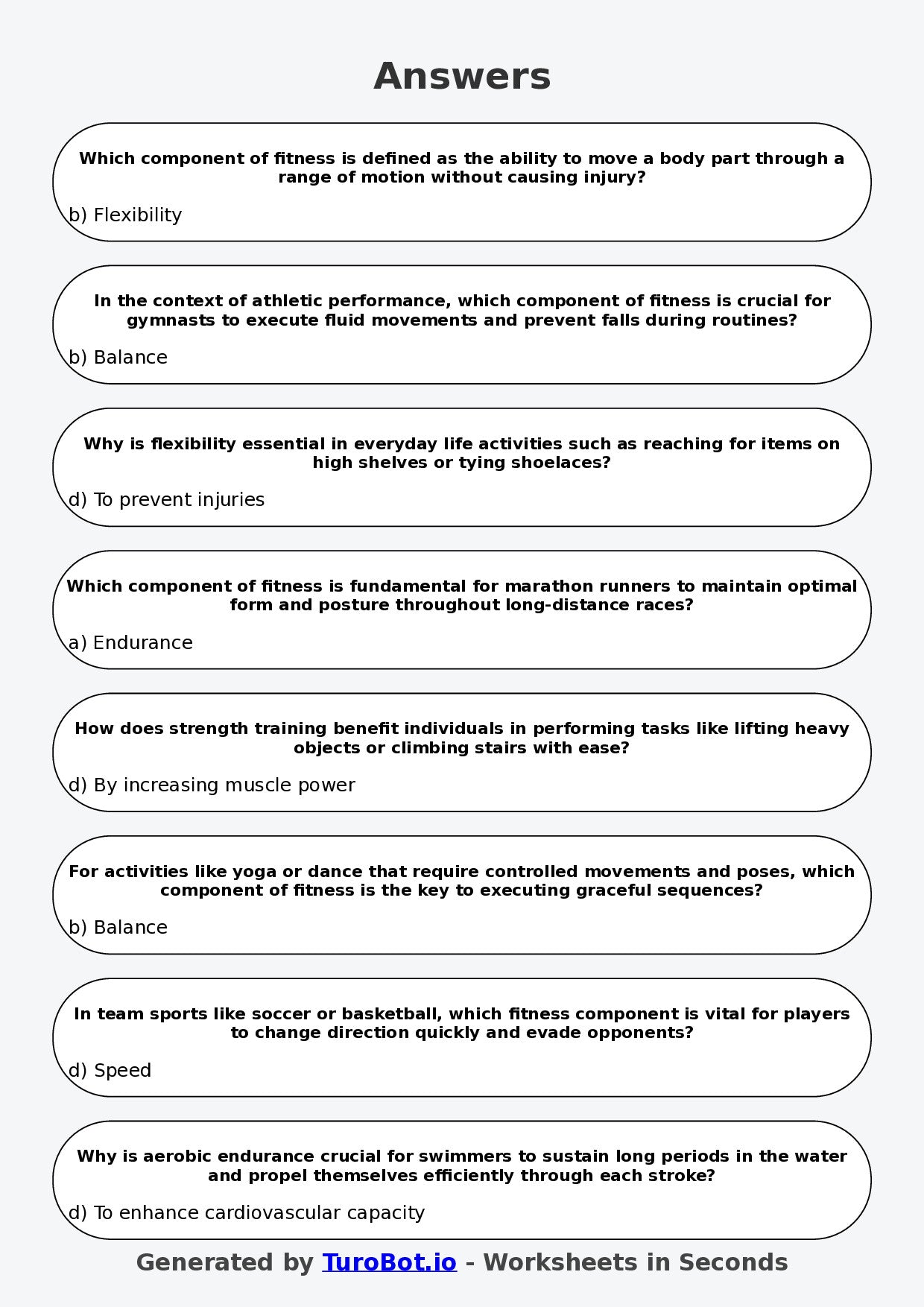 Year 8 PDHPE Multiple Choice Worksheet – Components of Fitness
