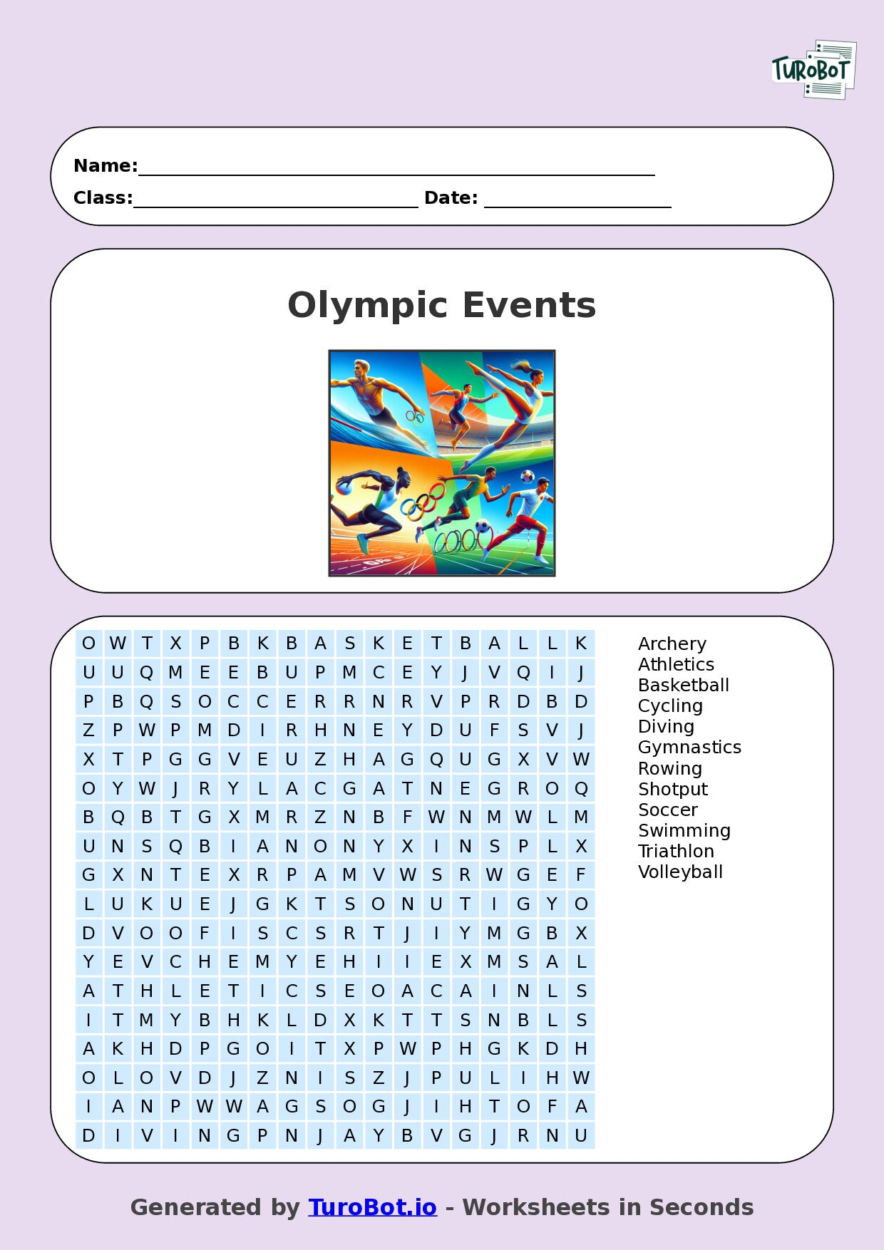 PDHPE - Year 6 - Find a Word - Olympic Events – Free Find a Word Worksheet