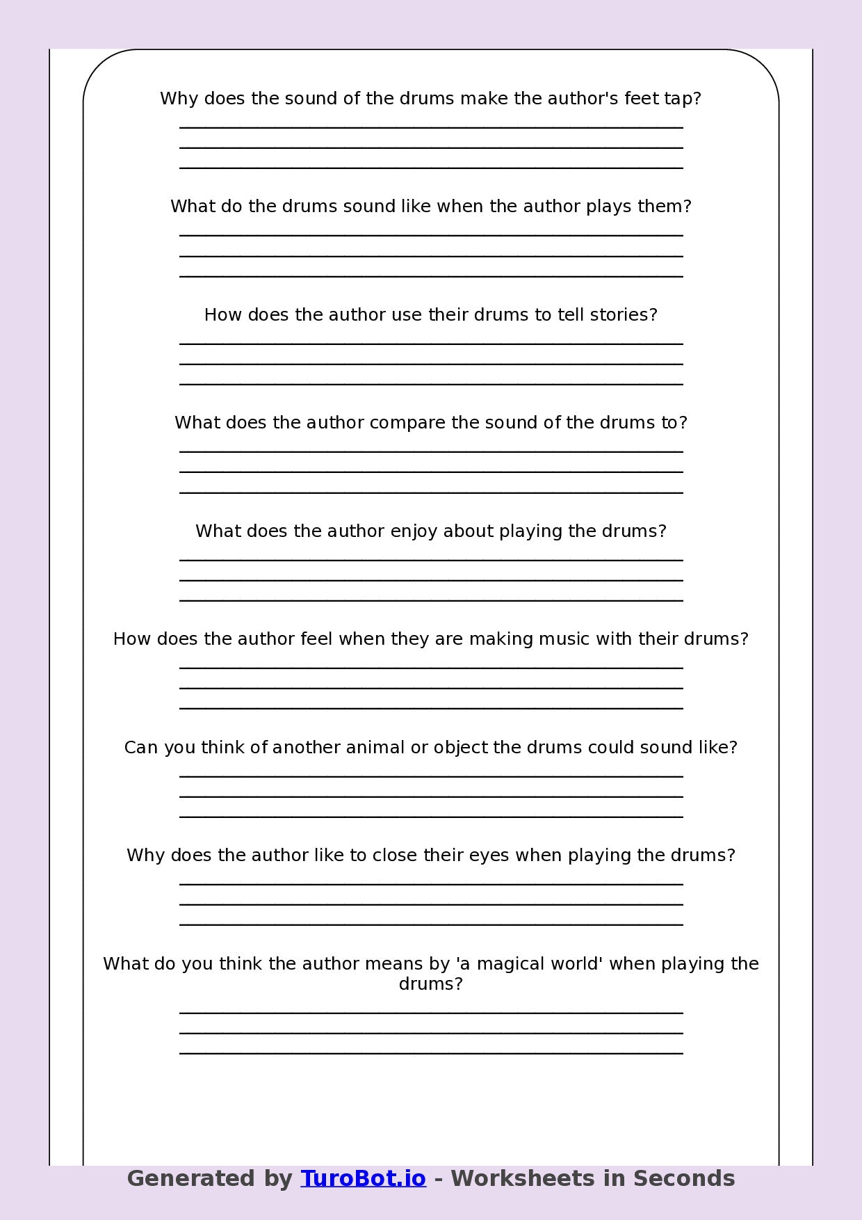 Reading Comprehension - Year 3 - My Drums Are Loud