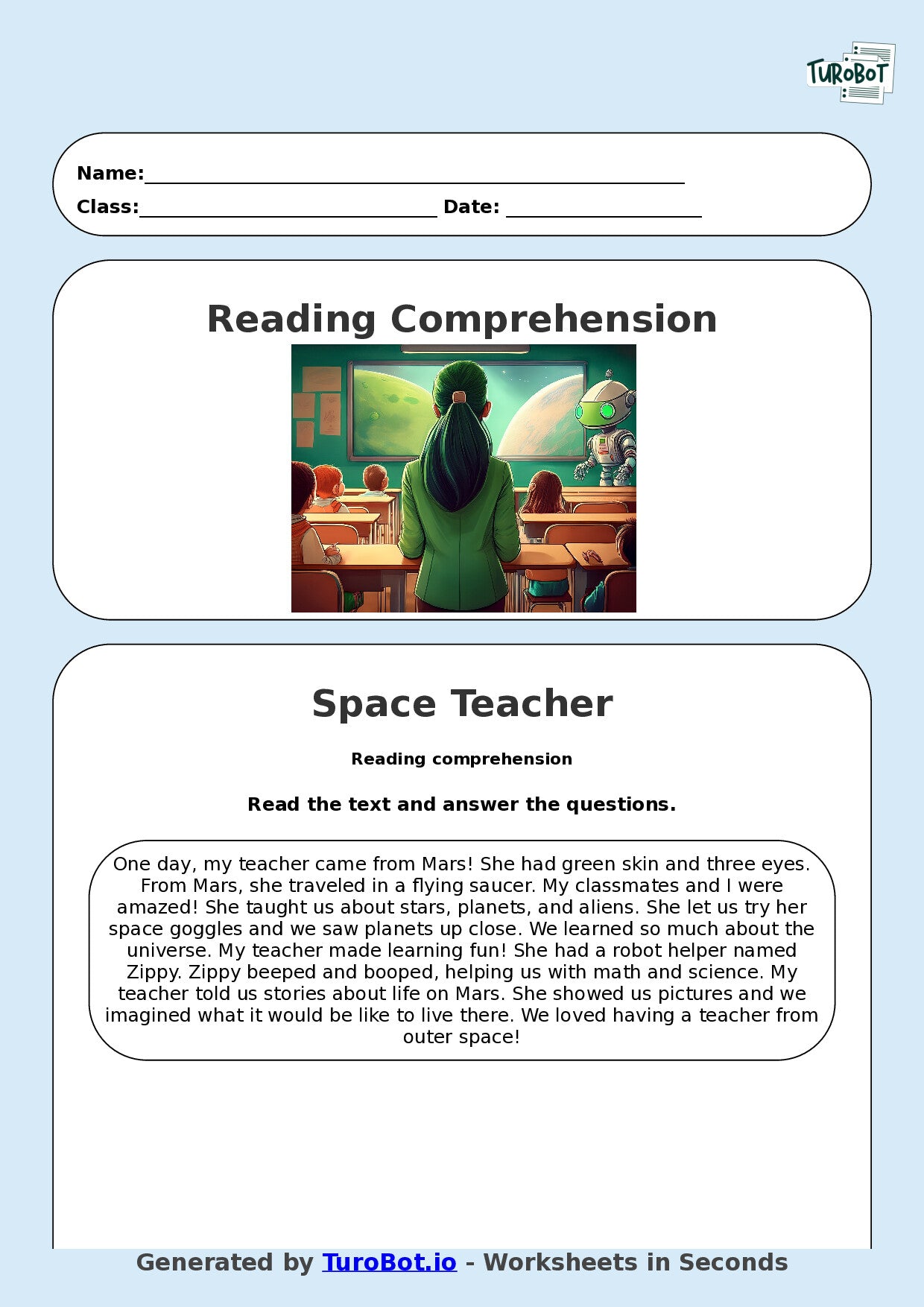 Reading Comprehension - Year 3 - My Teacher Came From Mars