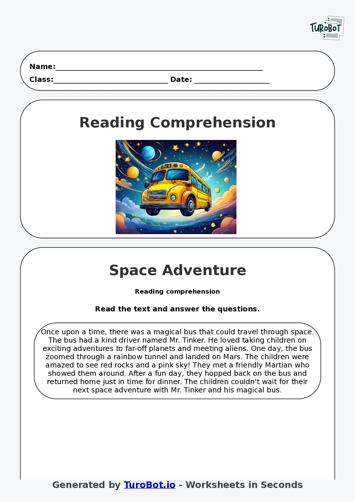 Reading Comprehension - Year 3 - The Bus That Travelled Through Space