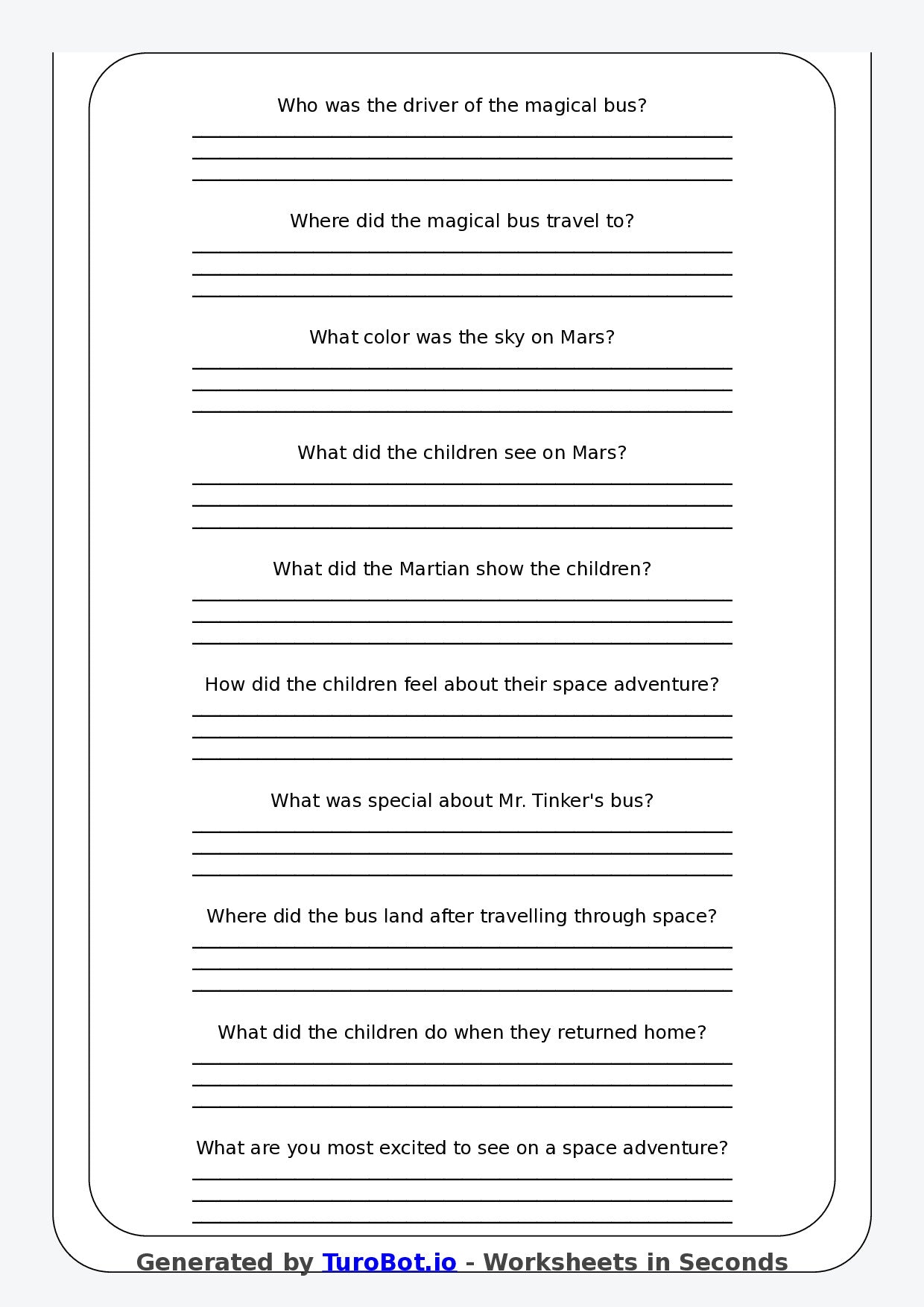 Reading Comprehension - Year 3 - The Bus That Travelled Through Space