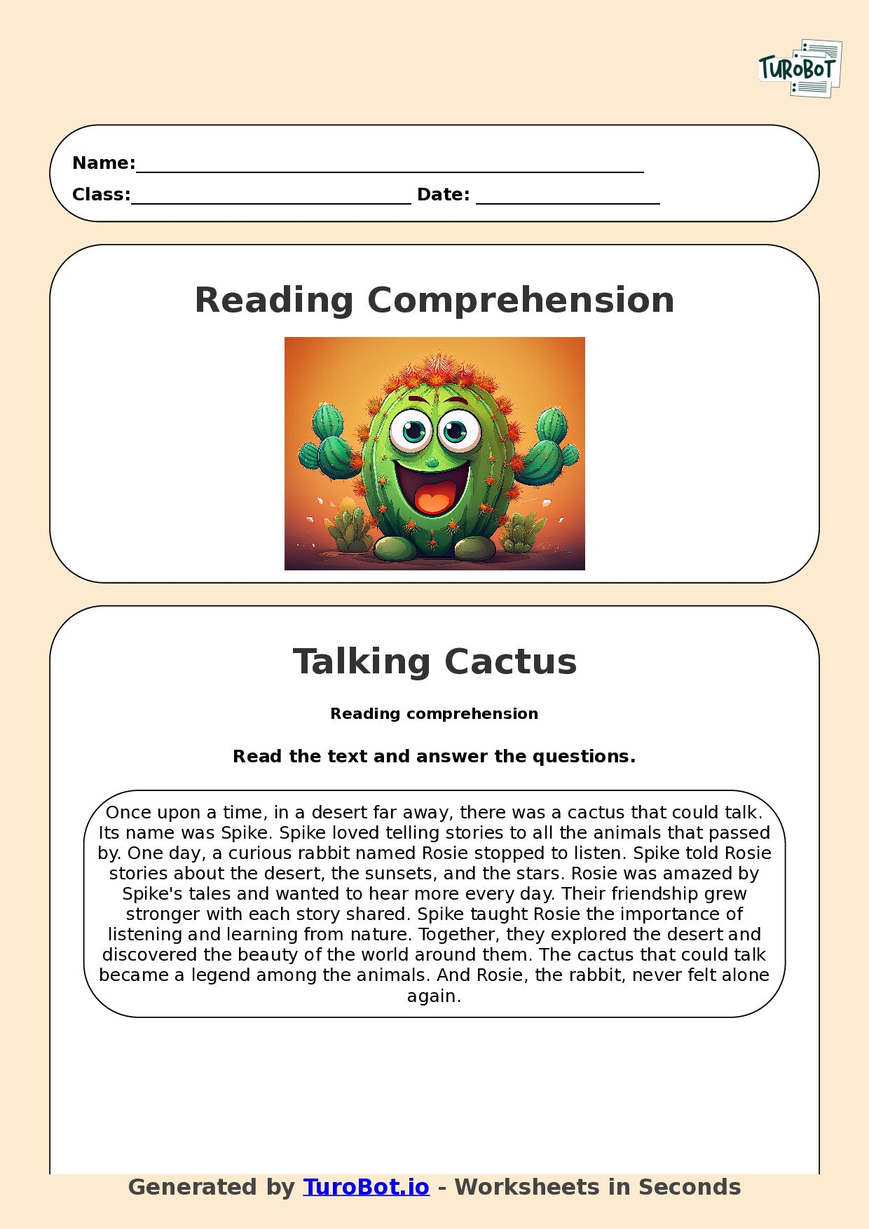 Reading Comprehension - Year 3 - The Cactus That Could Talk