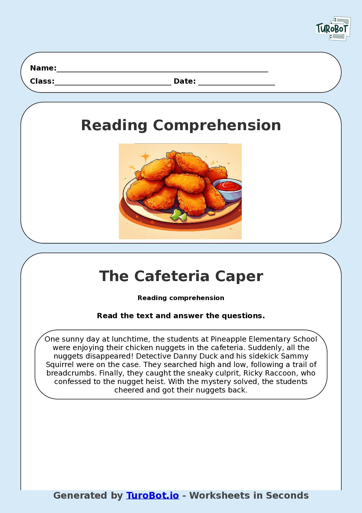 Reading Comprehension - Year 3 - The Cafeteria Chicken Nugget Heist