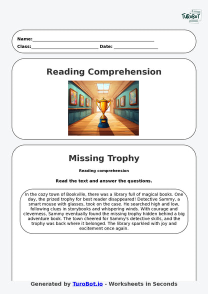Reading Comprehension - Year 3 - The Case of the Missing Trophy