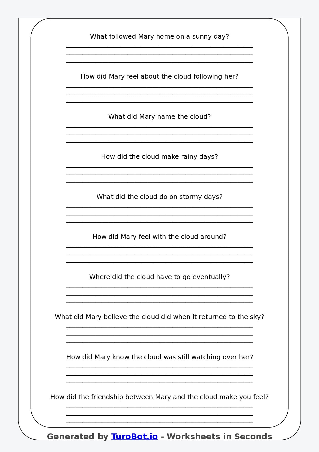 Reading Comprehension - Year 3 - The Cloud That Followed Me Home
