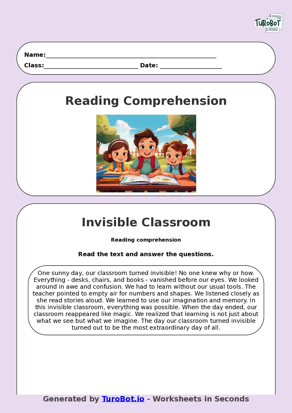 Reading Comprehension - Year 3 - The Day Our Classroom Turned Invisible